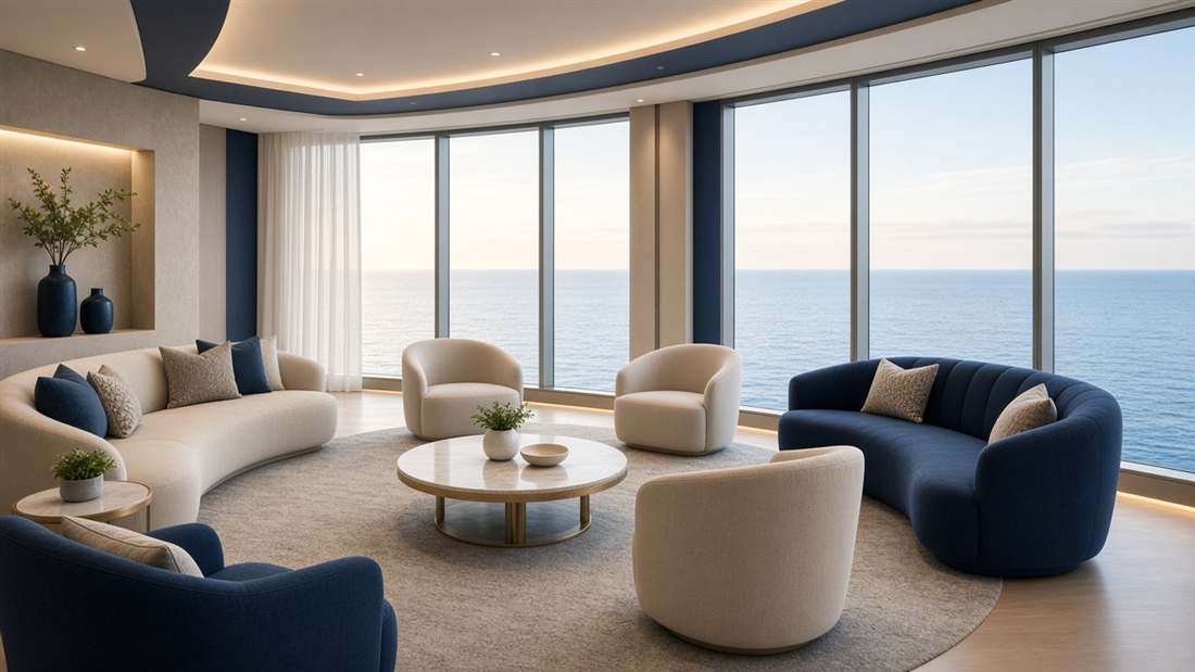 Salon panoramique avec vue sur l'océan à bord